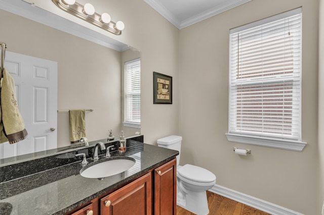 50501 Elmwood Ct, Plymouth, MI 48170 - bathroom featuring wood finished floors, vanity, and ornamental molding