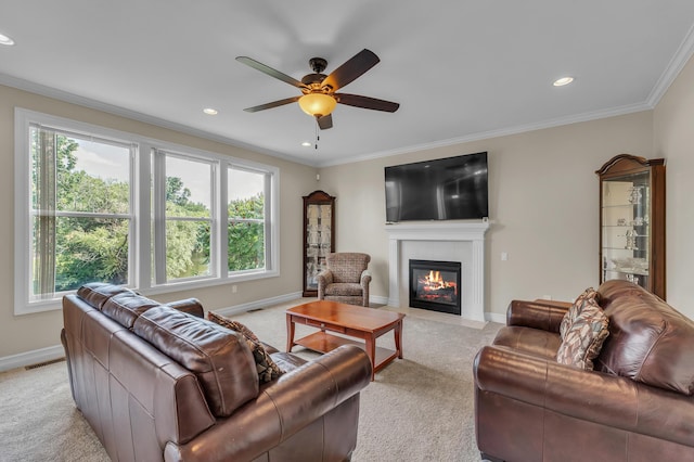 50501 Elmwood Ct, Plymouth, MI 48170 - living area featuring light carpet, healthy amount of natural light, a fireplace with flush hearth, ceiling fan, and crown molding
