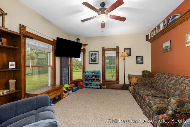 13872 Hastings Rd, Freeport, MI 49325 - carpeted living room with a ceiling fan