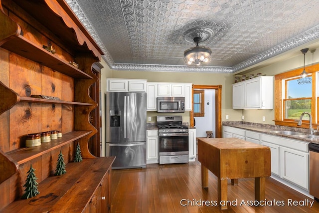 13872 Hastings Rd, Freeport, MI 49325 - kitchen featuring appliances with stainless steel finishes, an ornate ceiling, white cabinetry, dark wood-type flooring, and butcher block counters