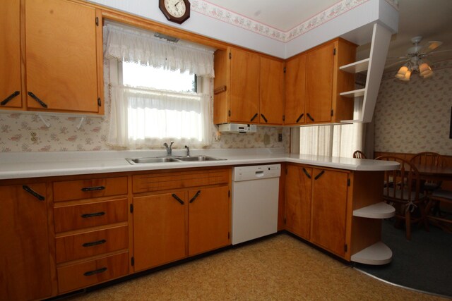6426 Westchester St, Portage, MI 49024 - kitchen with dishwasher, wallpapered walls, light countertops, open shelves, and a ceiling fan