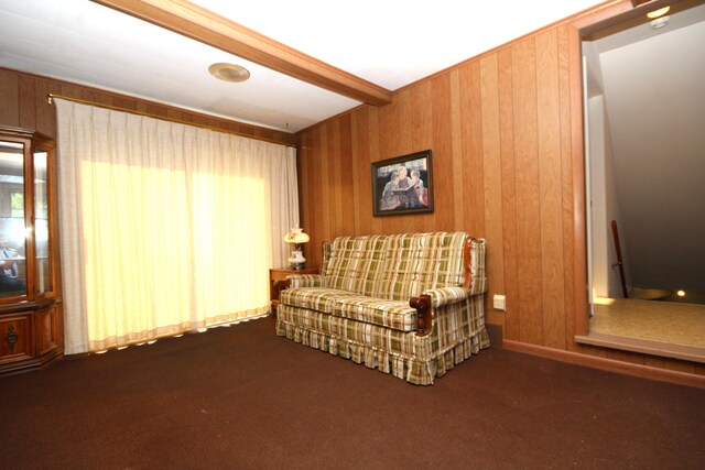 6426 Westchester St, Portage, MI 49024 - living area featuring wooden walls, beam ceiling, and carpet floors