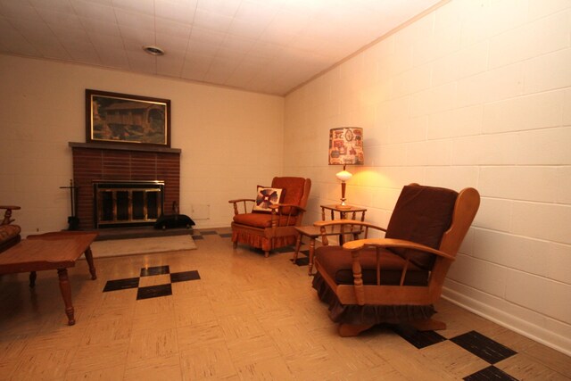 6426 Westchester St, Portage, MI 49024 - living area with a brick fireplace and concrete block wall