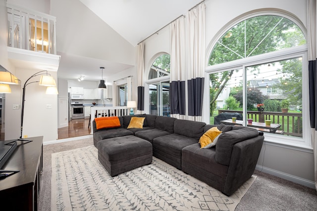 7149 Indian Wells Dr, Ypsilanti, MI 48197 - living area featuring high vaulted ceiling and light colored carpet