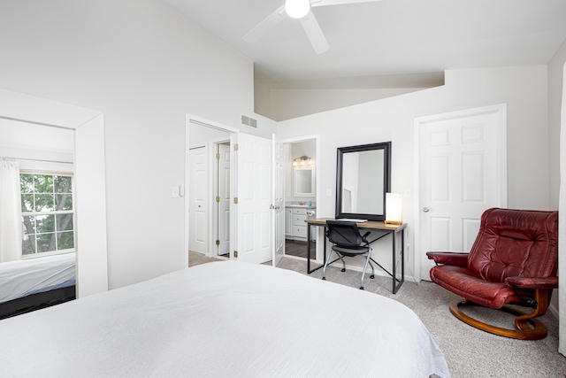 7149 Indian Wells Dr, Ypsilanti, MI 48197 - bedroom featuring carpet floors, vaulted ceiling, ceiling fan, and ensuite bathroom