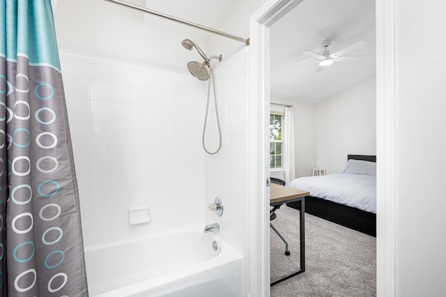 7149 Indian Wells Dr, Ypsilanti, MI 48197 - ensuite bathroom with shower / tub combo with curtain, a ceiling fan, and vaulted ceiling