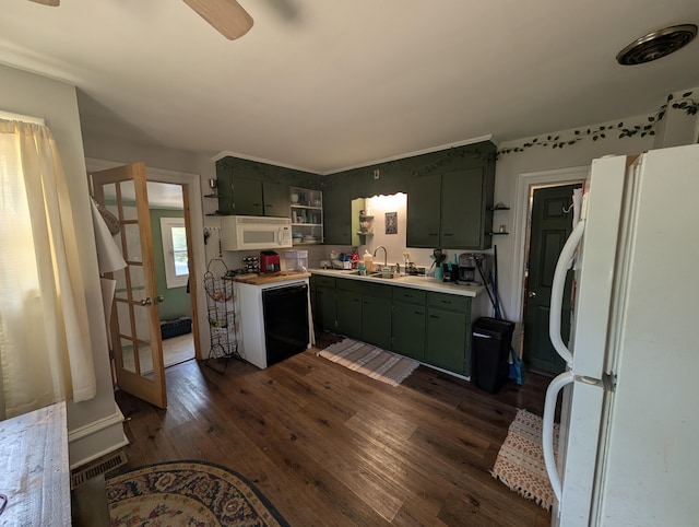 1236 Fulton Ave, Grand Haven, MI 49417 - kitchen with white appliances, open shelves, green cabinets, a ceiling fan, and dark wood finished floors