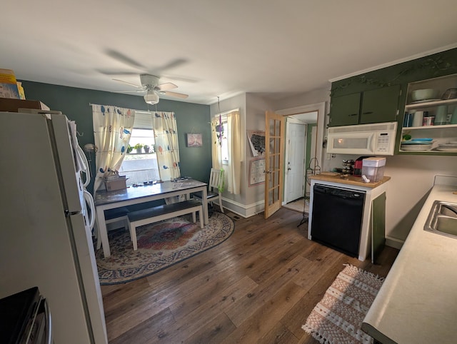 1236 Fulton Ave, Grand Haven, MI 49417 - kitchen with white appliances, dark wood finished floors, open shelves, a ceiling fan, and green cabinetry