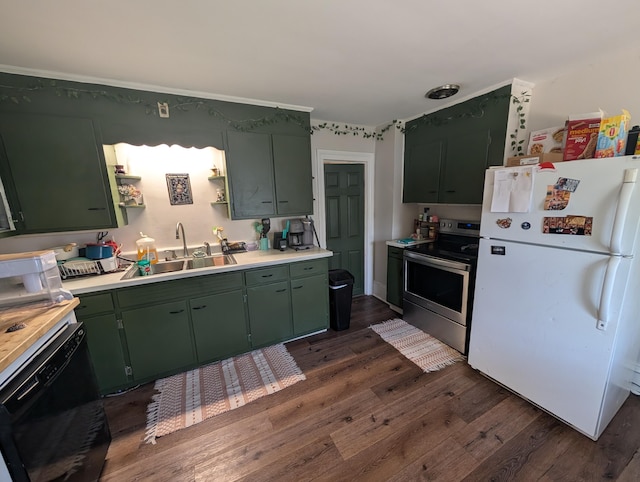1236 Fulton Ave, Grand Haven, MI 49417 - kitchen with freestanding refrigerator, stainless steel electric stove, green cabinets, dark wood finished floors, and light countertops