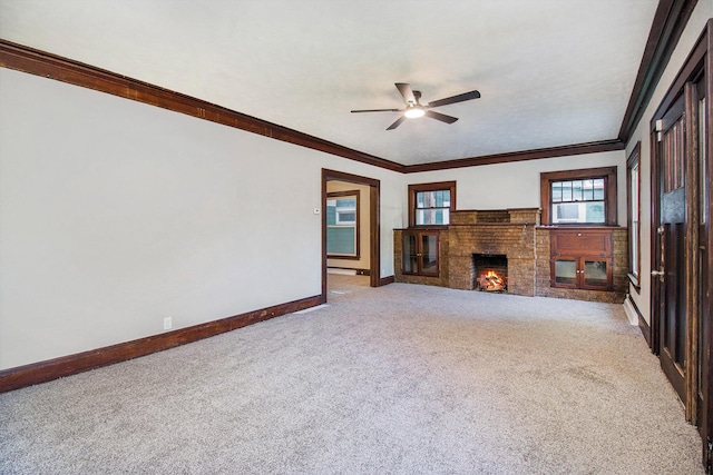 11 S Broad St, Battle Creek, MI 49017 - unfurnished living room with light colored carpet, ceiling fan, ornamental molding, and a brick fireplace
