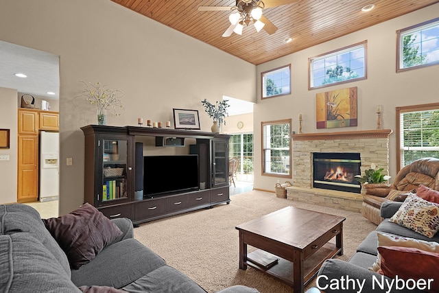 4232 Limousin Ct SW, Grandville, MI 49418 - carpeted living room featuring wooden ceiling, high vaulted ceiling, ceiling fan, recessed lighting, and plenty of natural light