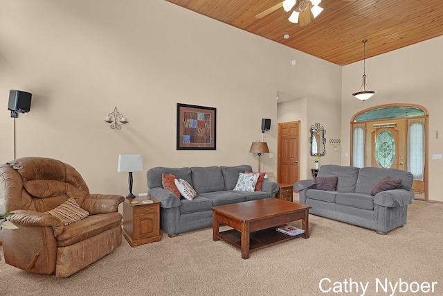 4232 Limousin Ct SW, Grandville, MI 49418 - living area featuring light colored carpet, wood ceiling, high vaulted ceiling, and a ceiling fan