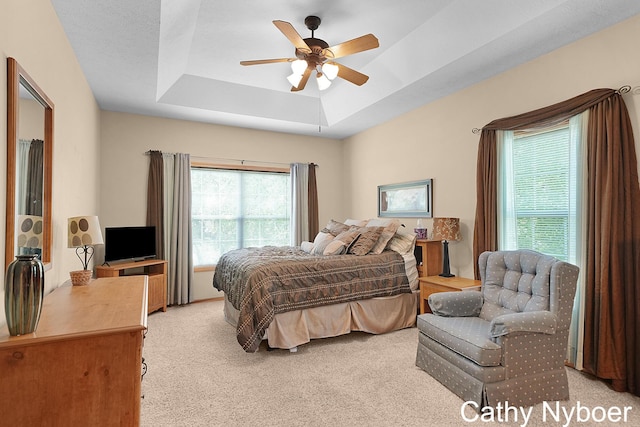 4232 Limousin Ct SW, Grandville, MI 49418 - bedroom featuring a tray ceiling, light colored carpet, and ceiling fan