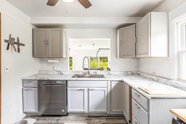 46555 Maben Rd, Canton, MI 48187 - kitchen featuring dishwasher, gray cabinets, dark wood-type flooring, and ceiling fan