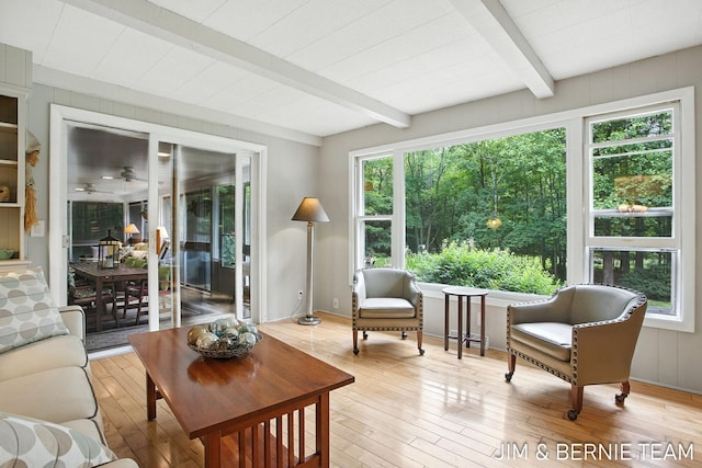 8518 146th Ave, West Olive, MI 49460 - sunroom / solarium featuring beamed ceiling, hardwood / wood-style floors, and a deck