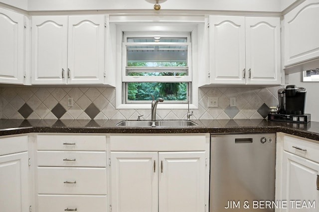 8518 146th Ave, West Olive, MI 49460 - kitchen with dishwasher, white cabinetry, backsplash, and dark stone countertops
