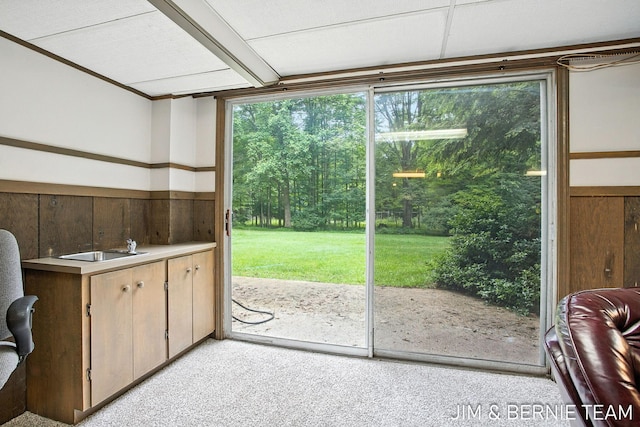 8518 146th Ave, West Olive, MI 49460 - doorway featuring light carpet, wood walls, and wainscoting