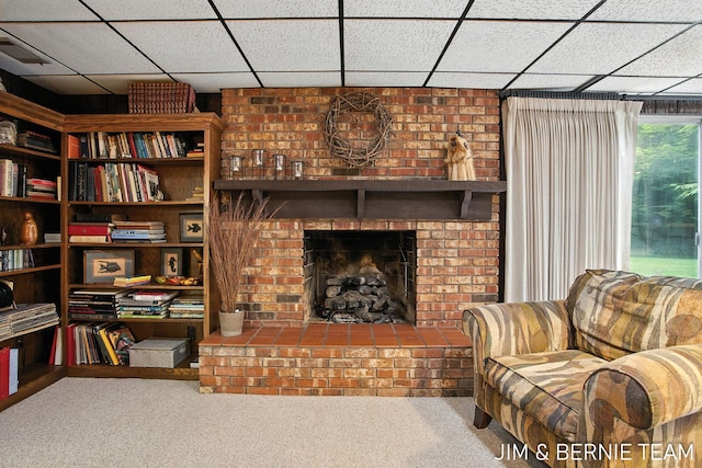 8518 146th Ave, West Olive, MI 49460 - living area with carpet, a paneled ceiling, and a fireplace