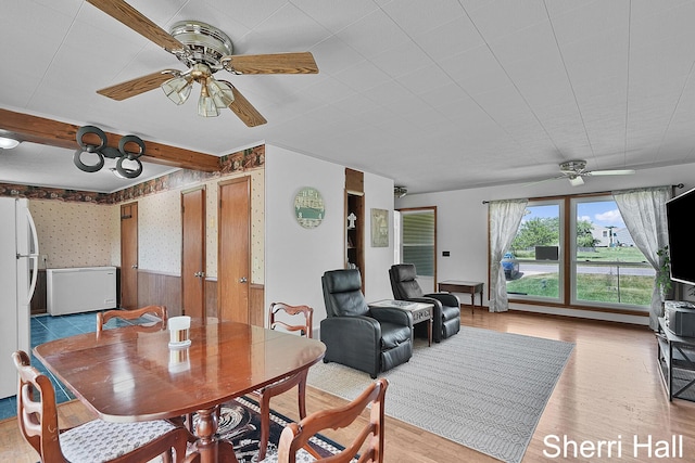 11956 Berrigan Ave NE, Cedar Springs, MI 49319 - dining space with a ceiling fan, light wood-style floors, wallpapered walls, and wainscoting