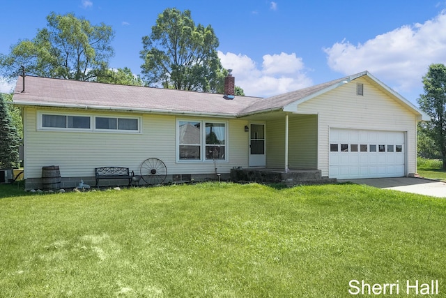 11956 Berrigan Ave NE, Cedar Springs, MI 49319 - ranch-style home featuring an attached garage, a chimney, a front yard, and concrete driveway
