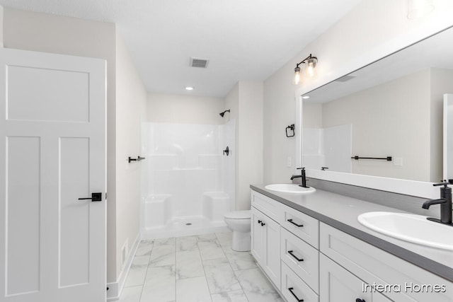 3345 Kings River St SW Unit 38, Wyoming, MI 49418 - full bathroom with double vanity, marble finish flooring, a shower, and recessed lighting