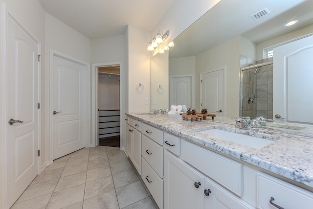 2763 Polson St, Ann Arbor, MI 48105 - bathroom with double vanity, a shower stall, tile patterned flooring, and a walk in closet