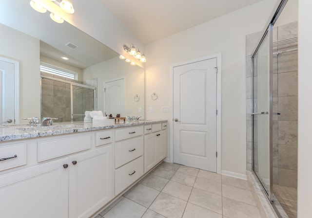 2763 Polson St, Ann Arbor, MI 48105 - bathroom featuring double vanity, a shower stall, and tile patterned floors