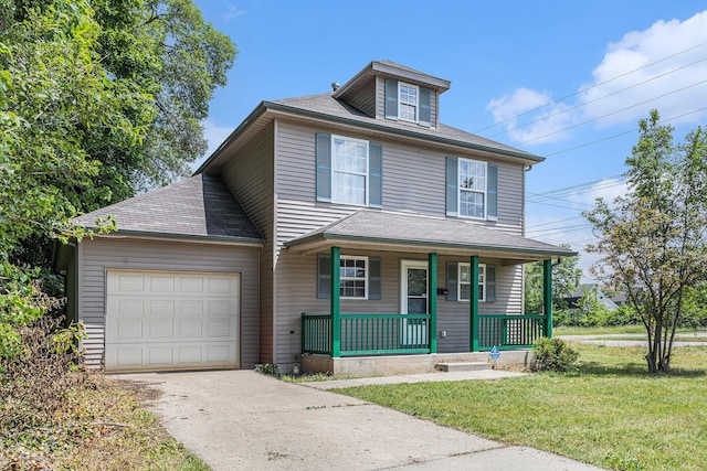 885 Broadway, Benton Harbor, MI 49022 - traditional style home with a porch, concrete driveway, an attached garage, a front lawn, and a shingled roof