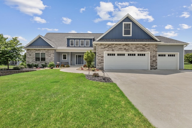 46140 Finch St, Mattawan, MI 49071 - craftsman-style home with a garage, driveway, a front yard, roof with shingles, and board and batten siding