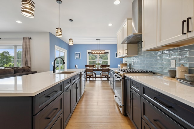 46140 Finch St, Mattawan, MI 49071 - kitchen with appliances with stainless steel finishes, wall chimney range hood, light wood-type flooring, tasteful backsplash, and white cabinets