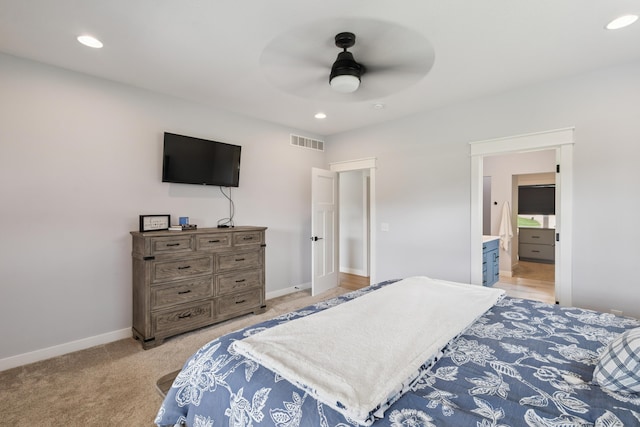 46140 Finch St, Mattawan, MI 49071 - bedroom with recessed lighting, ceiling fan, ensuite bath, and light colored carpet