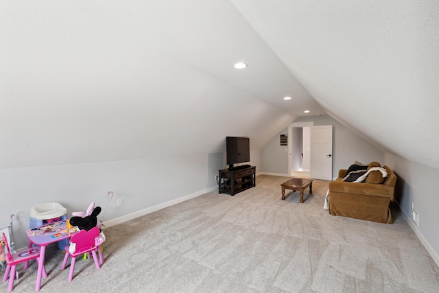 46140 Finch St, Mattawan, MI 49071 - living area with vaulted ceiling, carpet flooring, and recessed lighting