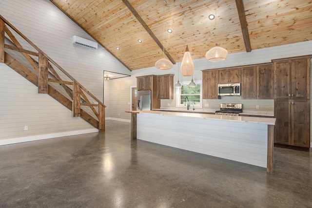 17756 Brad Ln, Three Rivers, MI 49093 - kitchen featuring stainless steel appliances, wood ceiling, a wall mounted air conditioner, concrete flooring, and high vaulted ceiling