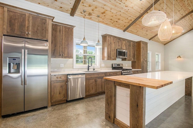 17756 Brad Ln, Three Rivers, MI 49093 - kitchen featuring appliances with stainless steel finishes, wood ceiling, butcher block countertops, pendant lighting, and concrete flooring