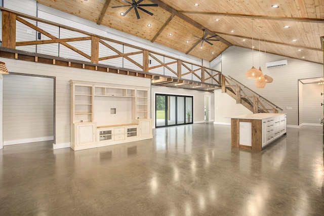 17756 Brad Ln, Three Rivers, MI 49093 - unfurnished living room with a wooden ceiling with exposed beams, high vaulted ceiling, a ceiling fan, a wall mounted air conditioner, and concrete flooring