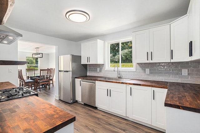 802 Clinton St, Marshall, MI 49068 - kitchen featuring wood counters, stainless steel appliances, healthy amount of natural light, and tasteful backsplash