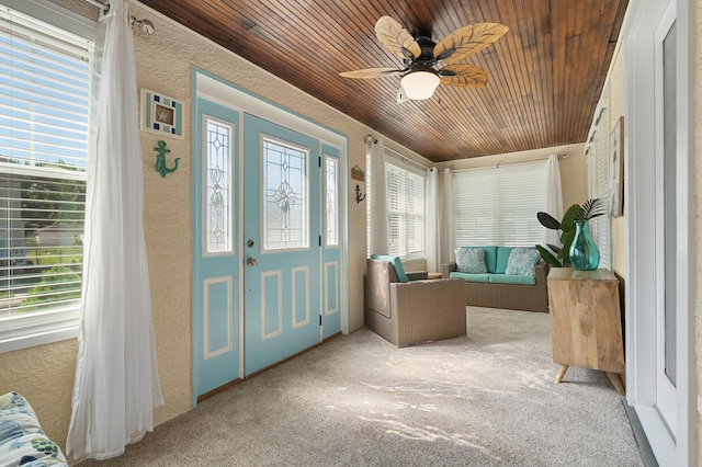 510 Wayne St, Saint Joseph, MI 49085 - entryway featuring wooden ceiling, healthy amount of natural light, carpet floors, a textured wall, and ceiling fan
