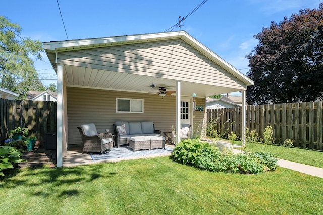 510 Wayne St, Saint Joseph, MI 49085 - rear view of house featuring an outdoor hangout area, a ceiling fan, a fenced backyard, and a patio