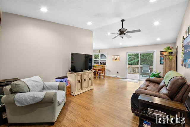 4712 Shank St NE, Rockford, MI 49341 - living room featuring a ceiling fan, light wood finished floors, and recessed lighting