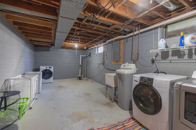 1762 Smyers Dr, Benton Harbor, MI 49022 - unfinished basement with independent washer and dryer, electric panel, concrete block wall, and a water softener system