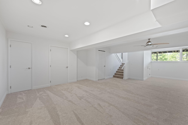 48002 Ridge Rd, New Buffalo, MI 49117 - basement with stairs, carpet, recessed lighting, and a ceiling fan
