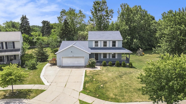 1882 Whistle Stop Dr SE, Grand Rapids, MI 49508 - traditional-style home featuring a porch, an attached garage, concrete driveway, a front lawn, and a shingled roof