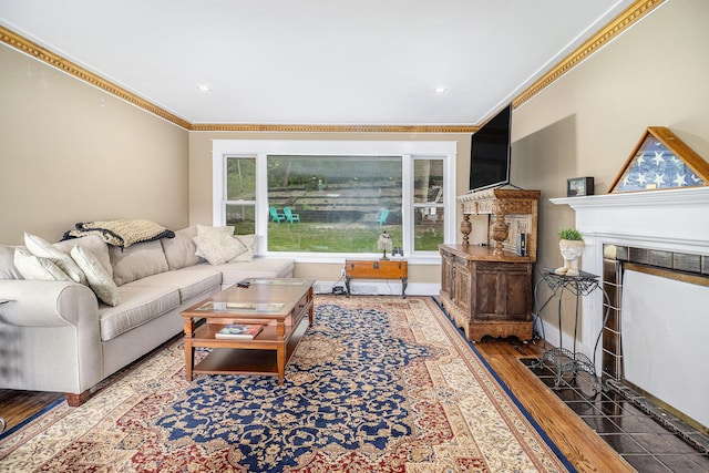 6667 W River Rd NE, Belmont, MI 49306 - living room featuring crown molding, wood finished floors, and a fireplace