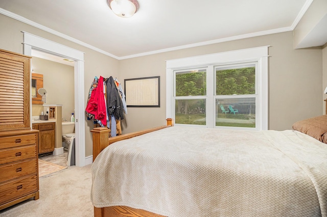 6667 W River Rd NE, Belmont, MI 49306 - bedroom featuring crown molding, light colored carpet, and connected bathroom
