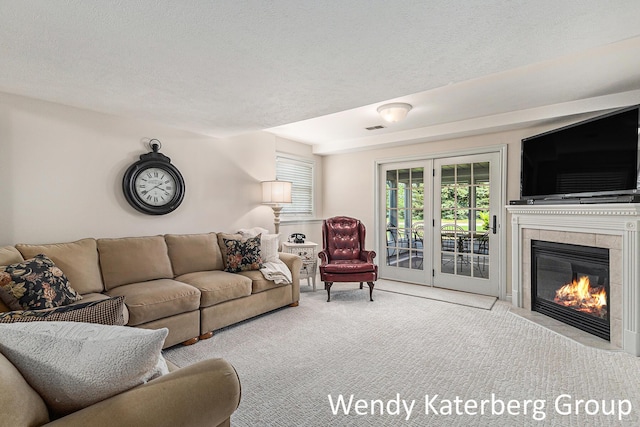 1033 Lumina Dr, Jenison, MI 49428 - carpeted living room with a fireplace and a textured ceiling