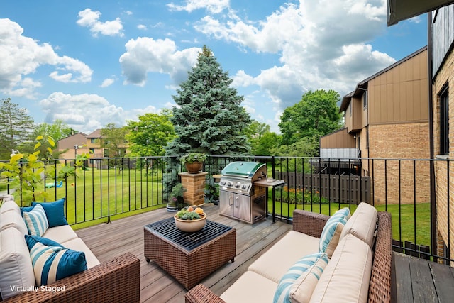 2623 Meade Ct, Ann Arbor, MI 48105 - wooden terrace with an outdoor hangout area, area for grilling, and a lawn
