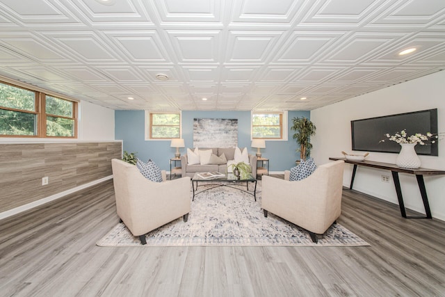 7532 Dell Rd, Saline, MI 48176 - living area featuring wood finished floors, an ornate ceiling, plenty of natural light, and recessed lighting
