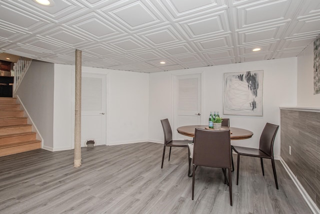 7532 Dell Rd, Saline, MI 48176 - dining room with an ornate ceiling, stairway, light wood finished floors, and recessed lighting