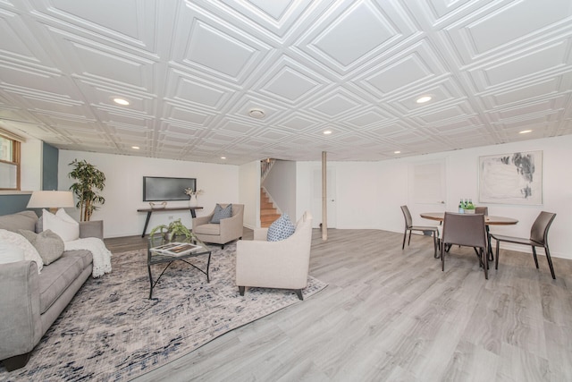 7532 Dell Rd, Saline, MI 48176 - living area featuring an ornate ceiling, stairs, recessed lighting, and light wood-style floors
