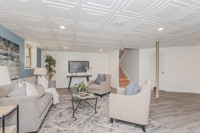 7532 Dell Rd, Saline, MI 48176 - living area featuring an ornate ceiling, stairway, recessed lighting, and wood finished floors